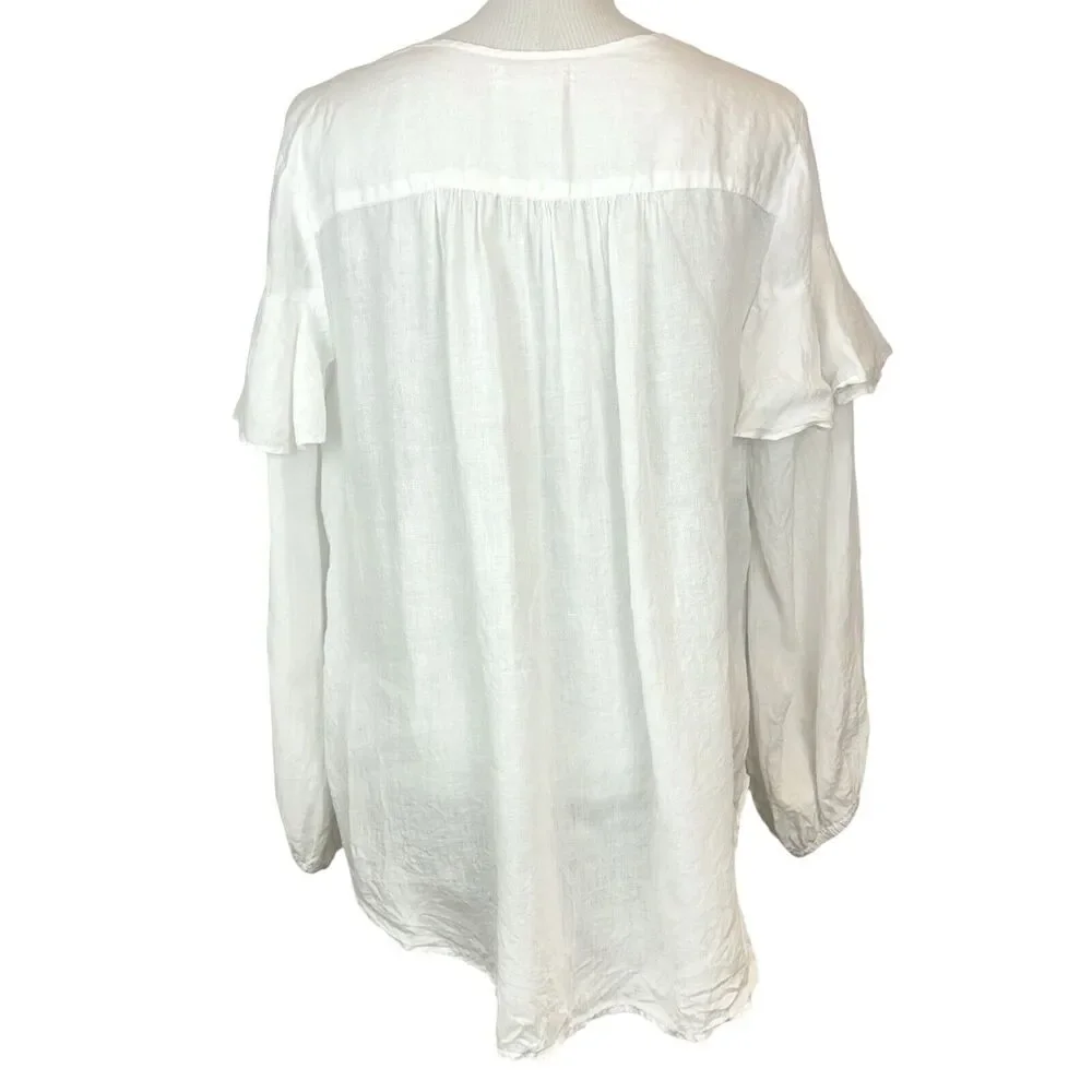 Velvet Womens Linen Tyra Ruffled Long-Sleeve Peasant Boho Top‎ Sz Large White - Picture 8 of 13